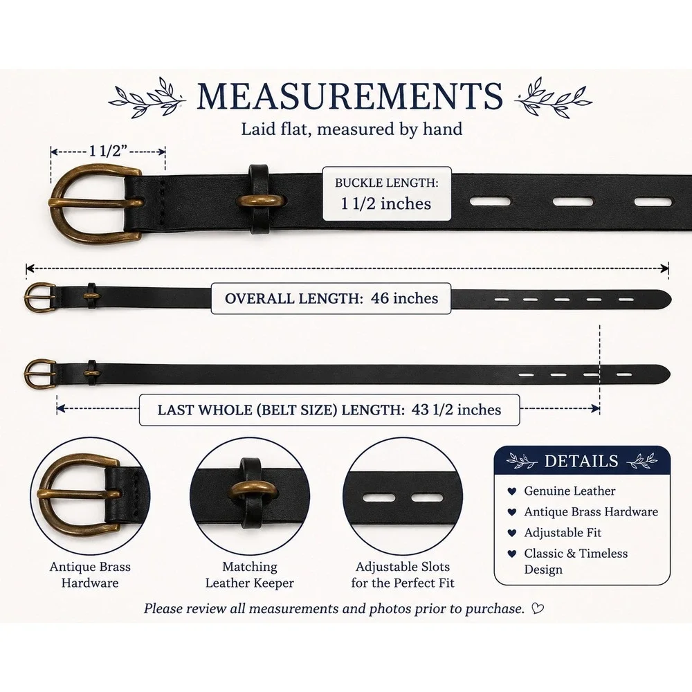 Black Leather Belt 44-46 Inch Antique Brass Buckle Western Statement Unisex